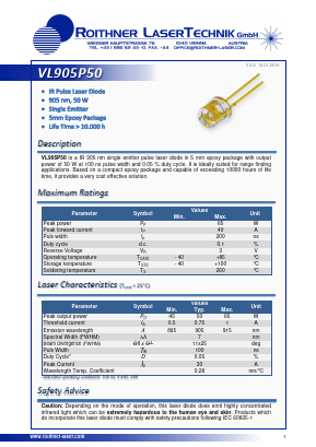VL905P50 Datasheet PDF Roithner LaserTechnik GmbH
