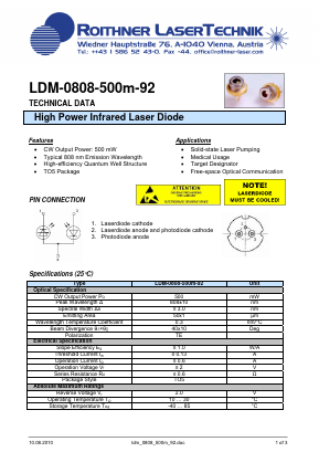 LDM-0808-500M-92 Datasheet PDF Roithner LaserTechnik GmbH