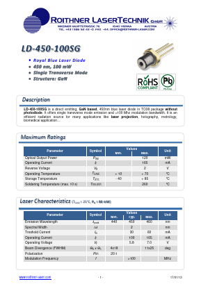 LD-450-100SG Datasheet PDF Roithner LaserTechnik GmbH