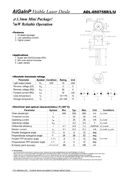 ADL-65075SU Datasheet PDF Roithner LaserTechnik GmbH