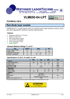 VLM650-04-LPT Datasheet PDF Roithner LaserTechnik GmbH