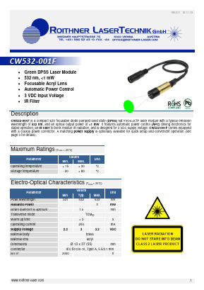 CW532-001F Datasheet PDF Roithner LaserTechnik GmbH