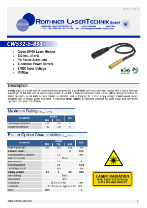 CW532-5-831 Datasheet PDF Roithner LaserTechnik GmbH