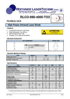 RLCO-980-4000-TO3 Datasheet PDF Roithner LaserTechnik GmbH