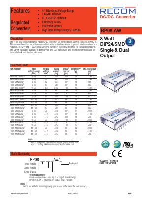 RP08-11005DAW Datasheet PDF RECOM Electronic GmbH