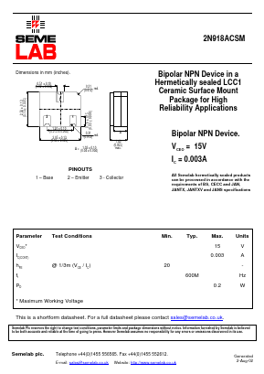 2N918ACSM Datasheet PDF Semelab - > TT Electronics plc 