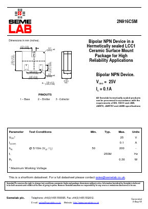 2N916CSM Datasheet PDF Semelab - > TT Electronics plc 