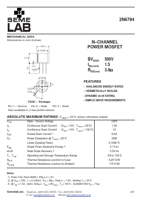 2N6794 Datasheet PDF Semelab - > TT Electronics plc 