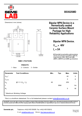 BSX62SMD Datasheet PDF Semelab - > TT Electronics plc 