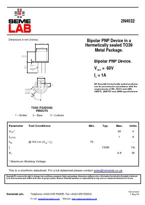 2N4032 Datasheet PDF Semelab - > TT Electronics plc 