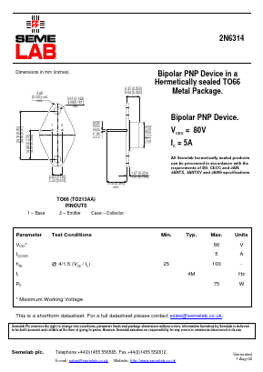 2N6314 Datasheet PDF Semelab - > TT Electronics plc 