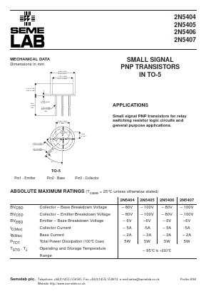 2N5404 Datasheet PDF Semelab - > TT Electronics plc 