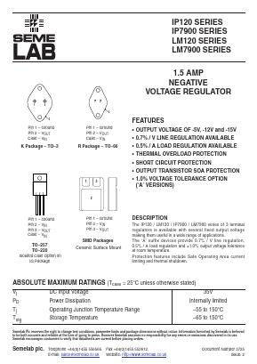 LM7915AR Datasheet PDF Semelab - > TT Electronics plc 