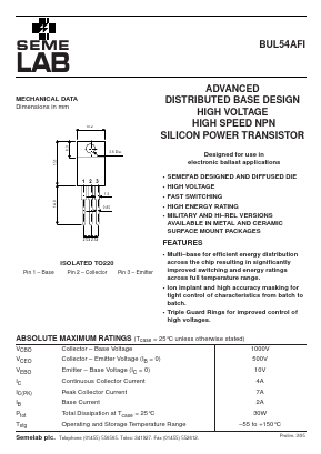 BUL54AFI Datasheet PDF Semelab - > TT Electronics plc 
