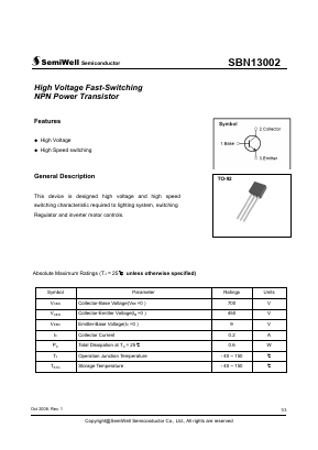 SBN13002-2 Datasheet PDF SemiWell Semiconductor
