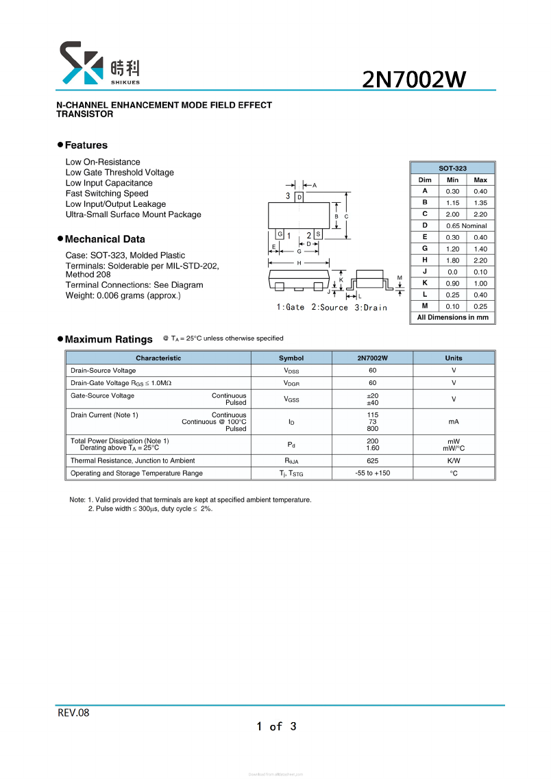 2N7002W Datasheet PDF SHIKE Electronics
