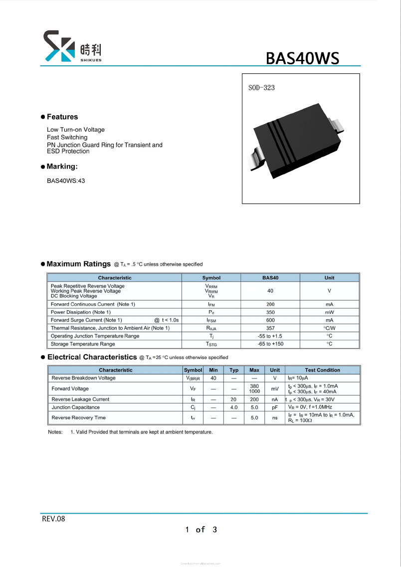 BAS40WS Datasheet PDF SHIKE Electronics