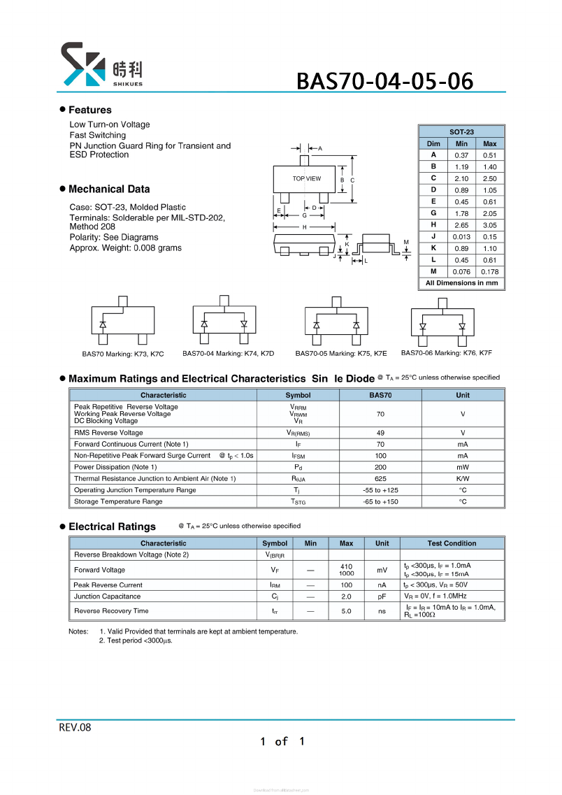 BAS70 Datasheet PDF SHIKE Electronics