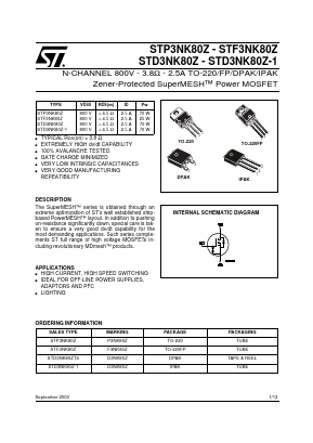 STF3NK80Z Datasheet PDF STMicroelectronics
