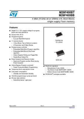 M29F400BT45M1T Datasheet PDF STMicroelectronics