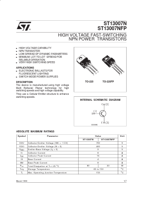 ST13007NFP Datasheet PDF STMicroelectronics