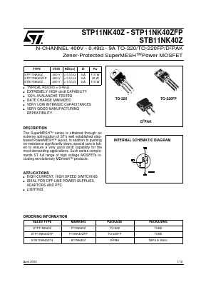 STB11NK40Z Datasheet PDF STMicroelectronics