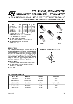 P14NK50Z Datasheet PDF STMicroelectronics