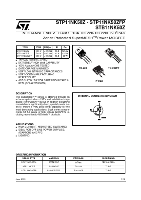 STB11NK50Z Datasheet PDF STMicroelectronics