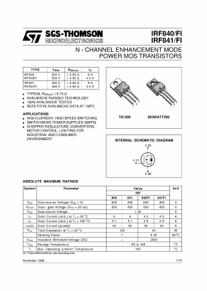 IRF841F1 Datasheet PDF STMicroelectronics