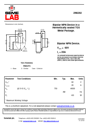 2N6282 Datasheet PDF Semelab - > TT Electronics plc 
