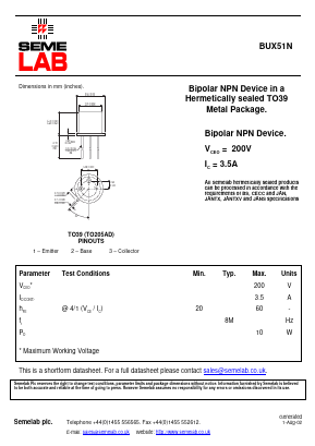 BUX51N Datasheet PDF Semelab - > TT Electronics plc 