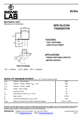 BUX54 Datasheet PDF Semelab - > TT Electronics plc 