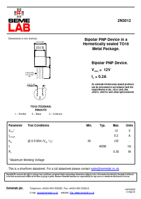 2N3012 Datasheet PDF Semelab - > TT Electronics plc 