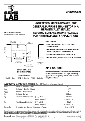 2N2894CSM Datasheet PDF Semelab - > TT Electronics plc 