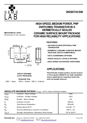 2N2907ACSM Datasheet PDF Semelab - > TT Electronics plc 