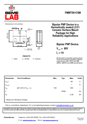 FMMT591CSM Datasheet PDF Semelab - > TT Electronics plc 