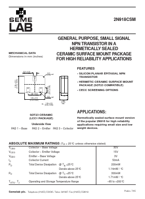 2N918CSM Datasheet PDF Semelab - > TT Electronics plc 