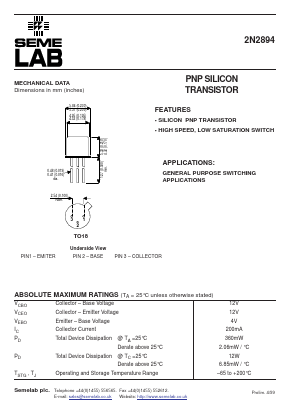 2N2894 Datasheet PDF Semelab - > TT Electronics plc 