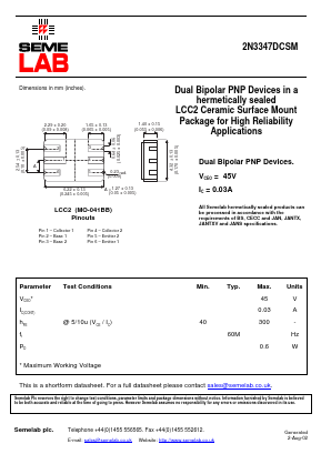 2N3347DCSM Datasheet PDF Semelab - > TT Electronics plc 