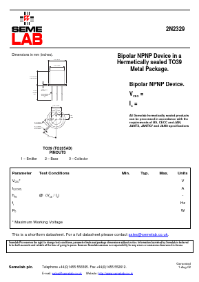 2N2329 Datasheet PDF Semelab - > TT Electronics plc 