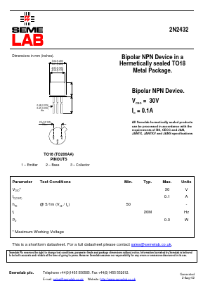 2N2432 Datasheet PDF Semelab - > TT Electronics plc 