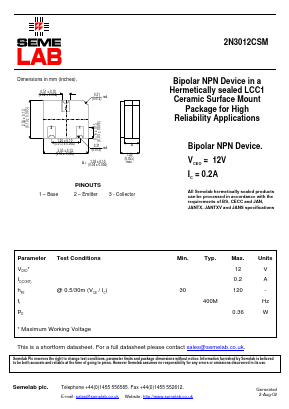 2N3012CSM Datasheet PDF Semelab - > TT Electronics plc 
