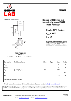 2N4311 Datasheet PDF Semelab - > TT Electronics plc 