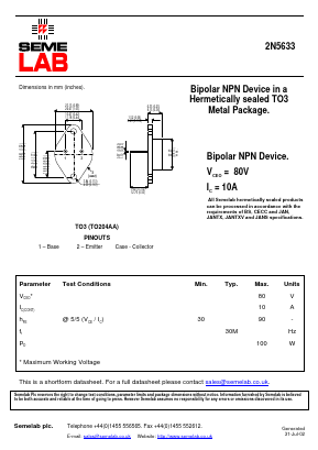 2N5633 Datasheet PDF Semelab - > TT Electronics plc 