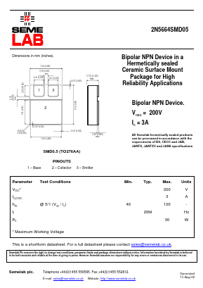 2N5664SMD05 Datasheet PDF Semelab - > TT Electronics plc 