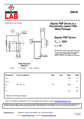 2N6245 Datasheet PDF Semelab - > TT Electronics plc 