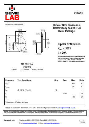2N6654 Datasheet PDF Semelab - > TT Electronics plc 