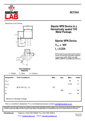 BCY54A Datasheet PDF Semelab - > TT Electronics plc 