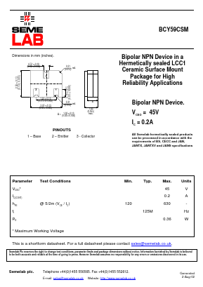 BCY59CSM Datasheet PDF Semelab - > TT Electronics plc 
