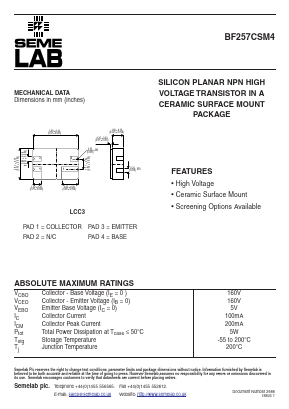 BF257CSM4 Datasheet PDF Semelab - > TT Electronics plc 